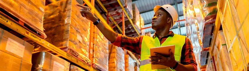 Magasinier dans un entrepôt de stockage pointant du doigt des palettes de cartons