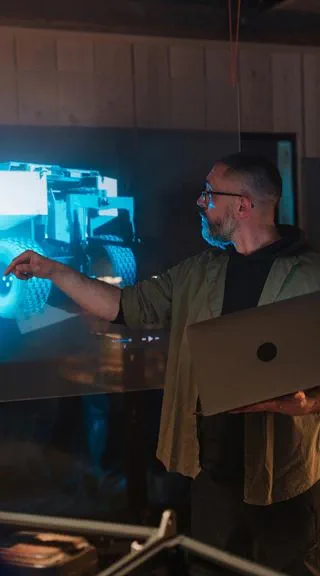 Ingeniero señalando la proyección de un vehículo futurista