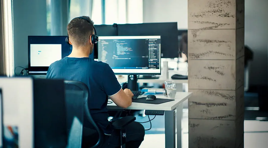 Hombre de espaldas mirando un monitor con programación informática