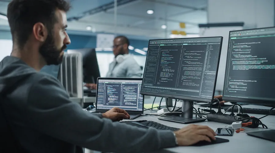 Programador trabajando con dos monitores al mismo tiempo