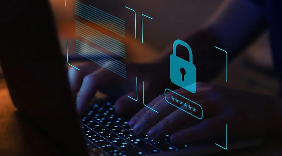 Holograma concepto ciberseguridad sobre ordenador portátil