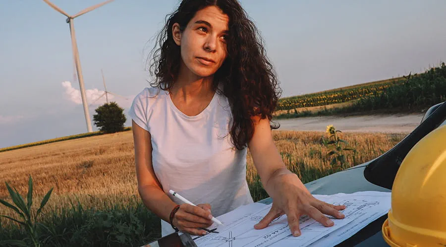 Mujer revisando unos papeles en entorno agrícola