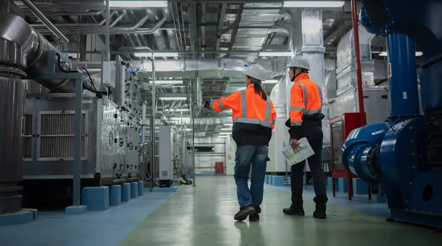 Dos ingenieros revisando instalaciones industriales