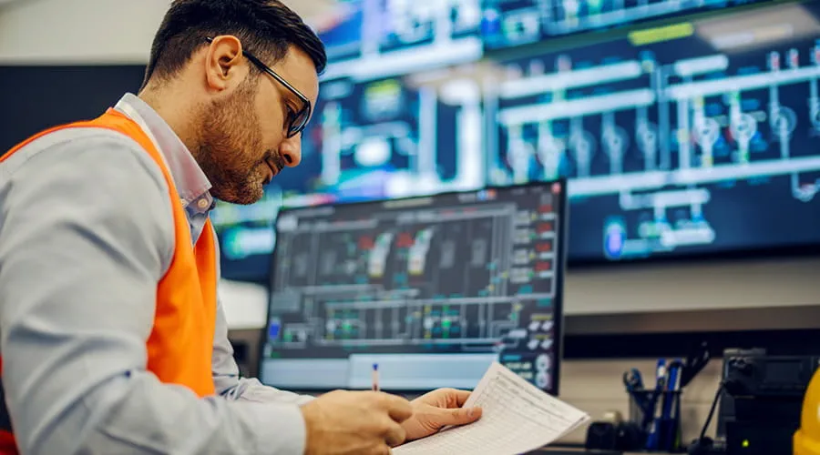 Ingeniero que supervisa los procesos y datos de la sala de control industrial