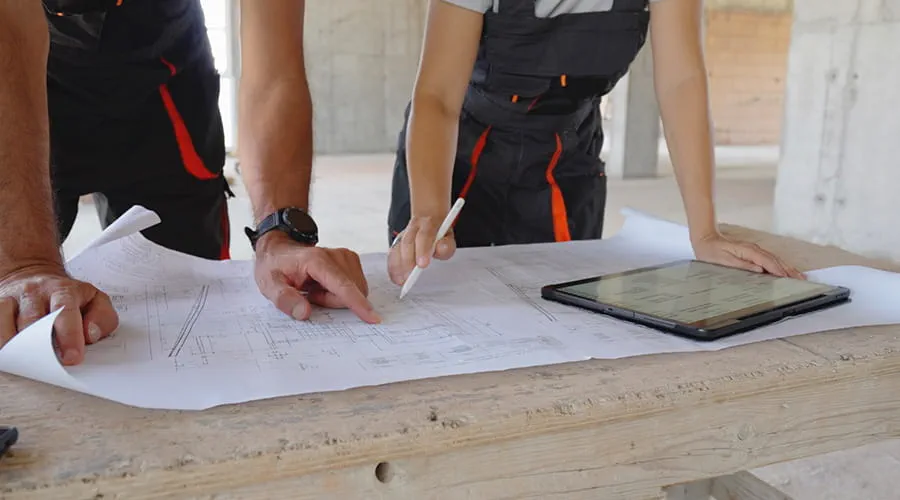 Equipo de constructores discute los planes en el sitio de construcción