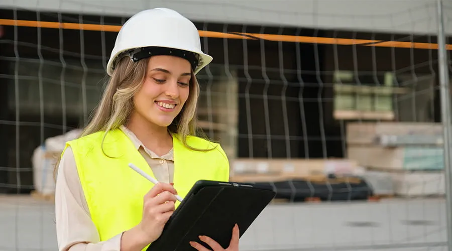 Ingeniera sonriente usando tableta y lápiz óptico en el sitio de construcción