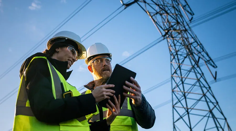 Trabajadores de líneas eléctricas examinando pilones eléctricos