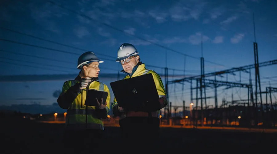 Ingenieros eléctricos parados en una central eléctrica durante la noche