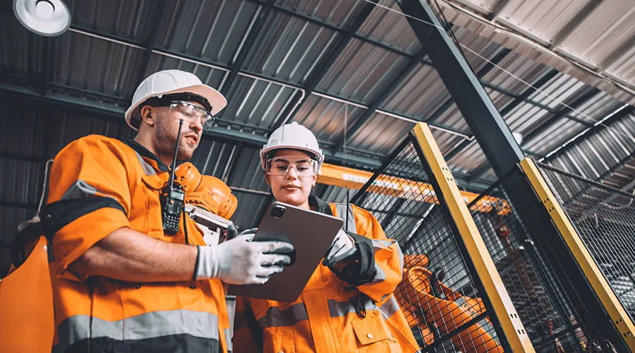 Equipo de ingenieros de servicio de soldadura robótica trabajando en fábrica de automatización