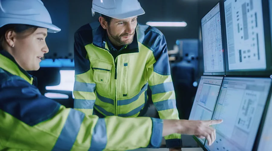 Ingenieros de proyectos habla con el operador que controla la línea de producción de las instalaciones