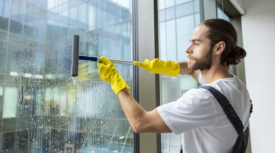 Persona de limpieza limpindoa las ventanas de la oficina