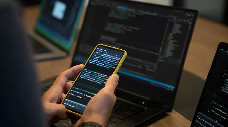 Un programador que desarrolla software para dispositivos móviles comprueba el software que ha desarrollado en el teléfono