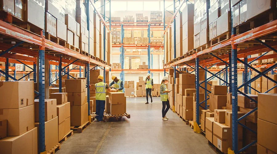 Almacén lleno de estantes con mercancías en cajas de cartón