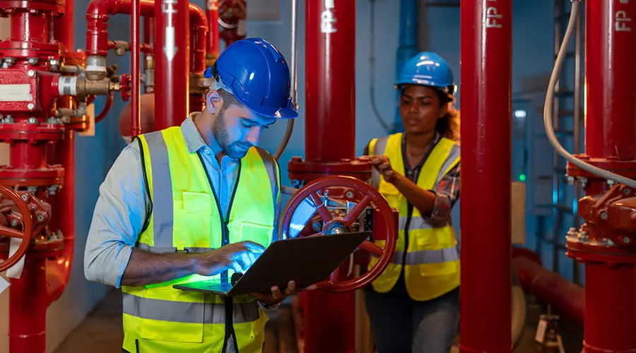 Técnico inspeccionando entorno de tuberías y válvulas de suministro