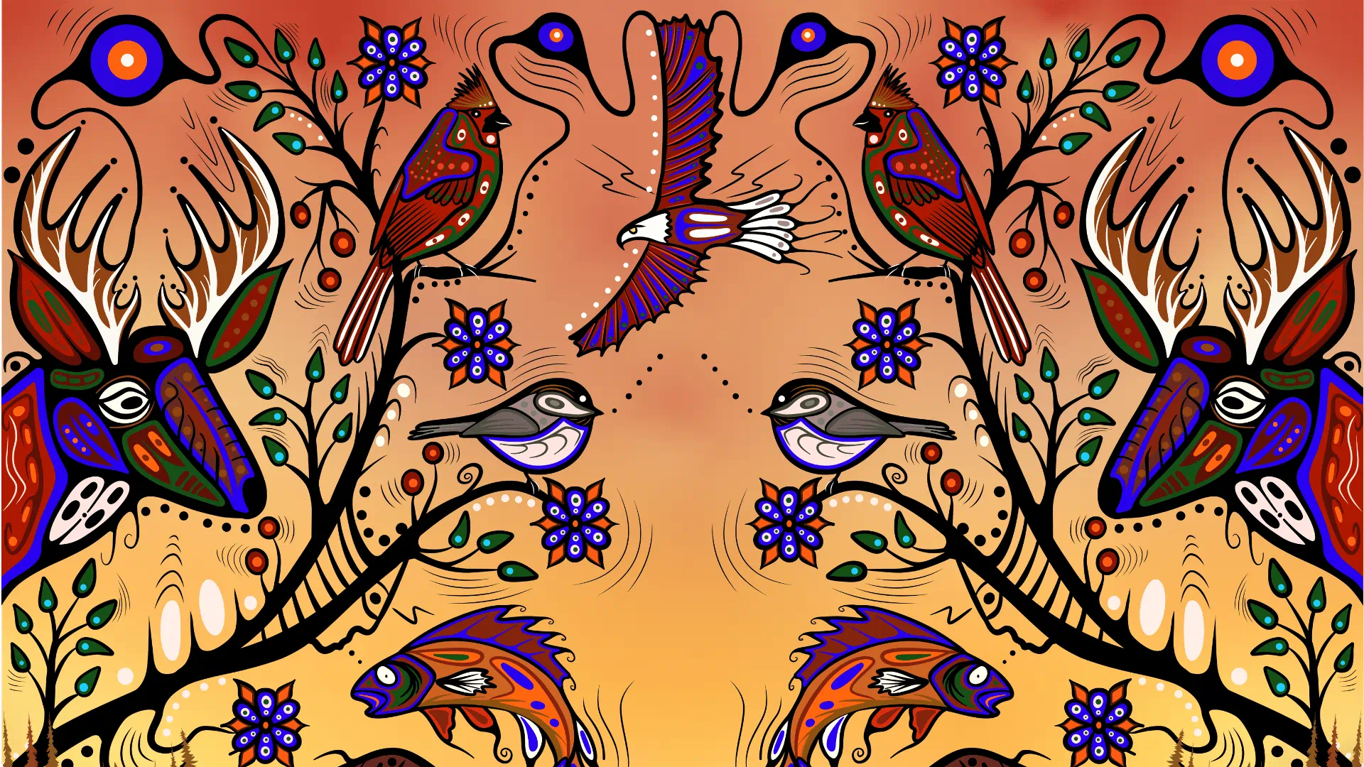 Custom artwork by Cody James Houle, Reconnecting, featuring mirrored birds, butterflies, flowers, plants, and other animals arranged symmetrically around a warm, earthy central space. Inspired by Ojibway teachings of balance, relationship, and the circle of life, the piece reflects healing through reconnection to land, spirit, oneself, and intergenerational kinship.