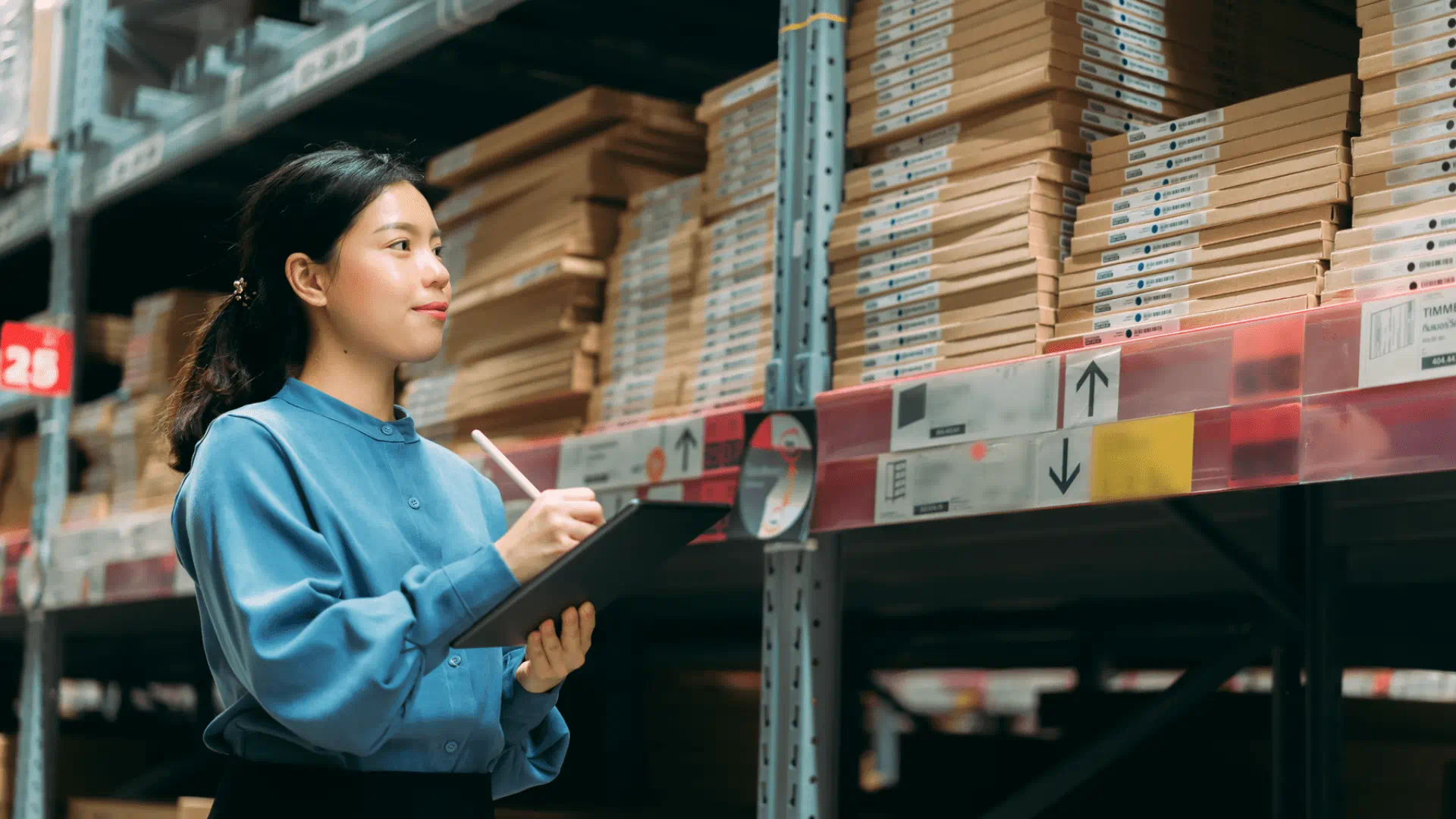A warehouse worker in a blue shirt uses a tablet while inspecting stacks of flat-packed cardboard boxes on industrial shelving.