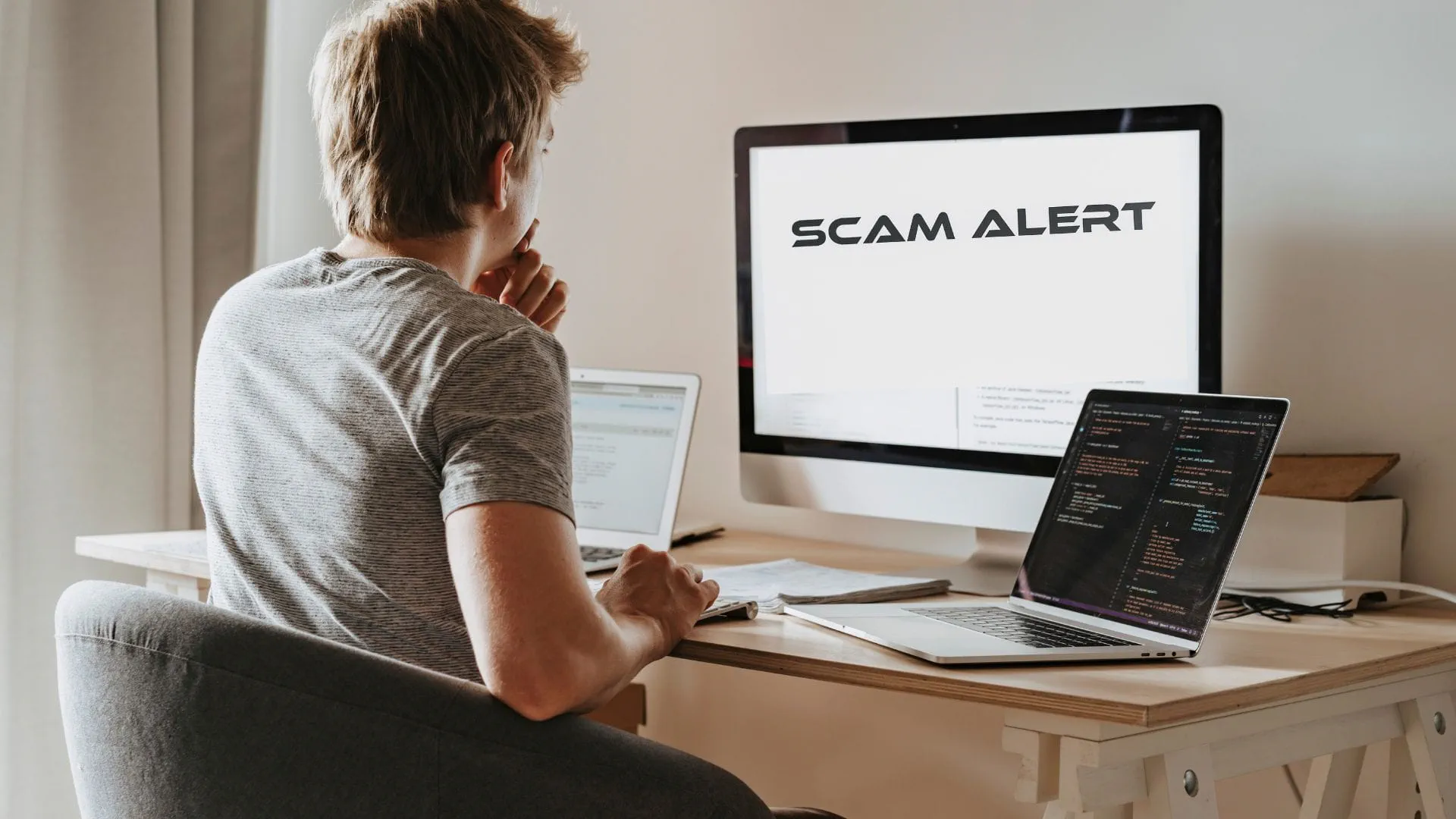 person looking at two laptops one says scam alert