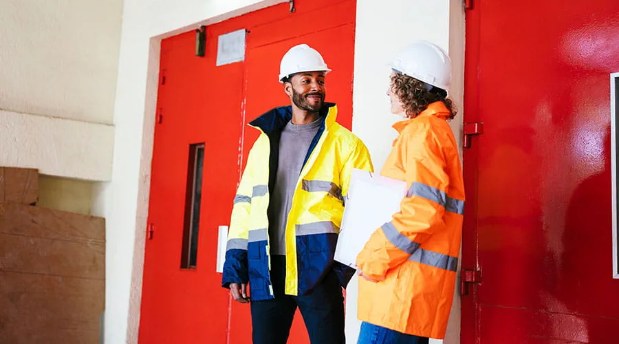 Construction workers in safety gear standing near red wall