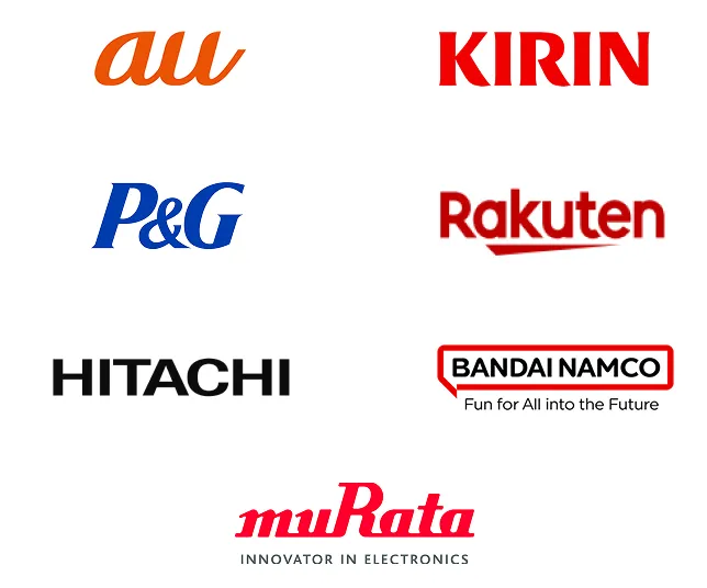 掲載企業例：au、KIRIN、P&G、Rakuten、HITACHI、BANDAI NAMCO、muRata