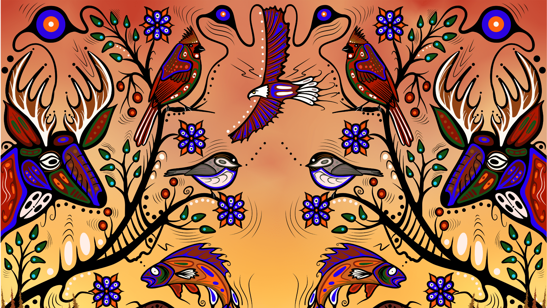 Custom artwork by Cody James Houle, Reconnecting, featuring mirrored birds, butterflies, flowers, plants, and other animals arranged symmetrically around a warm, earthy central space. Inspired by Ojibway teachings of balance, relationship, and the circle of life, the piece reflects healing through reconnection to land, spirit, oneself, and intergenerational kinship.