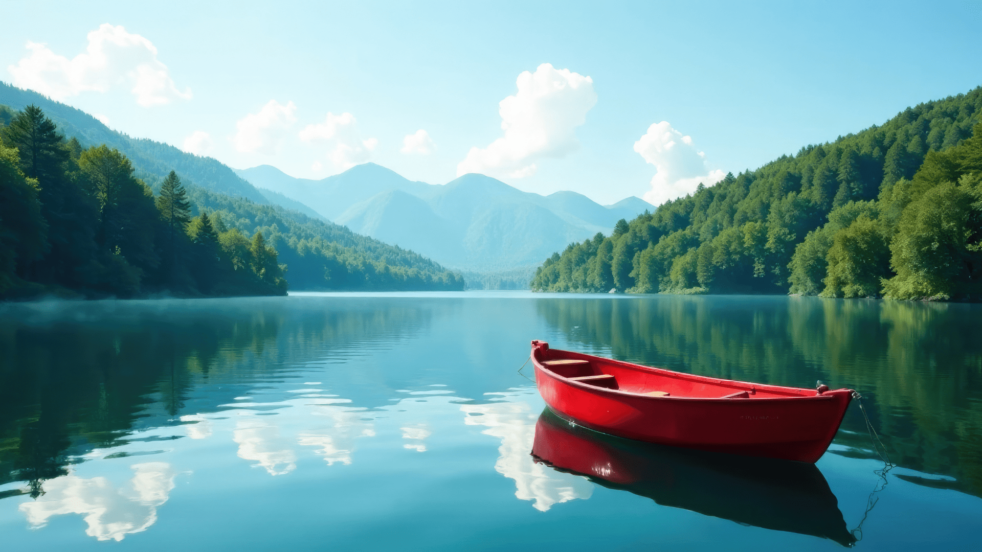 red canoe on a beautiful blue lake surrounded by trees