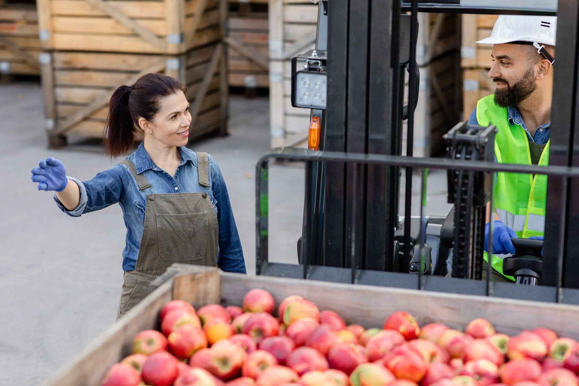 Two employees are working in a vegetable warehouse.