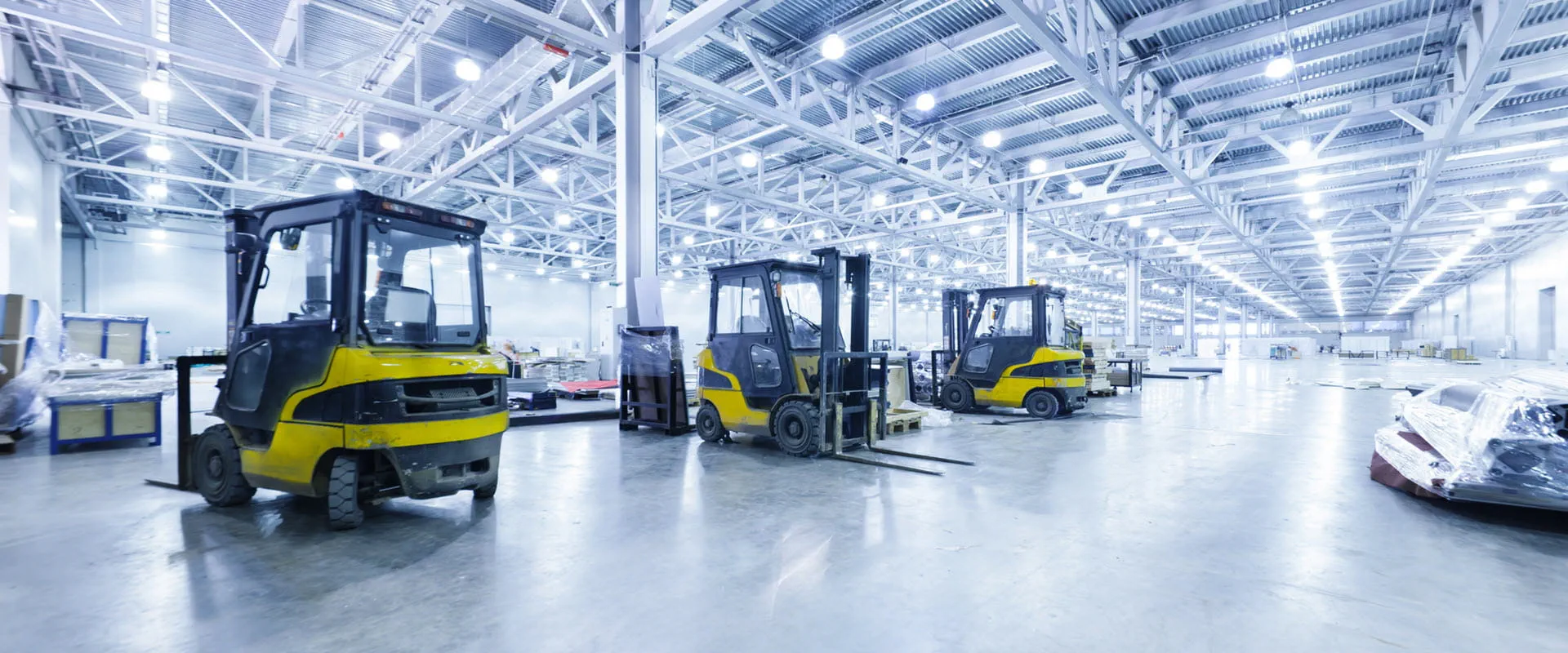 Spacious, well-lit warehouse with high ceilings and multiple forklifts.