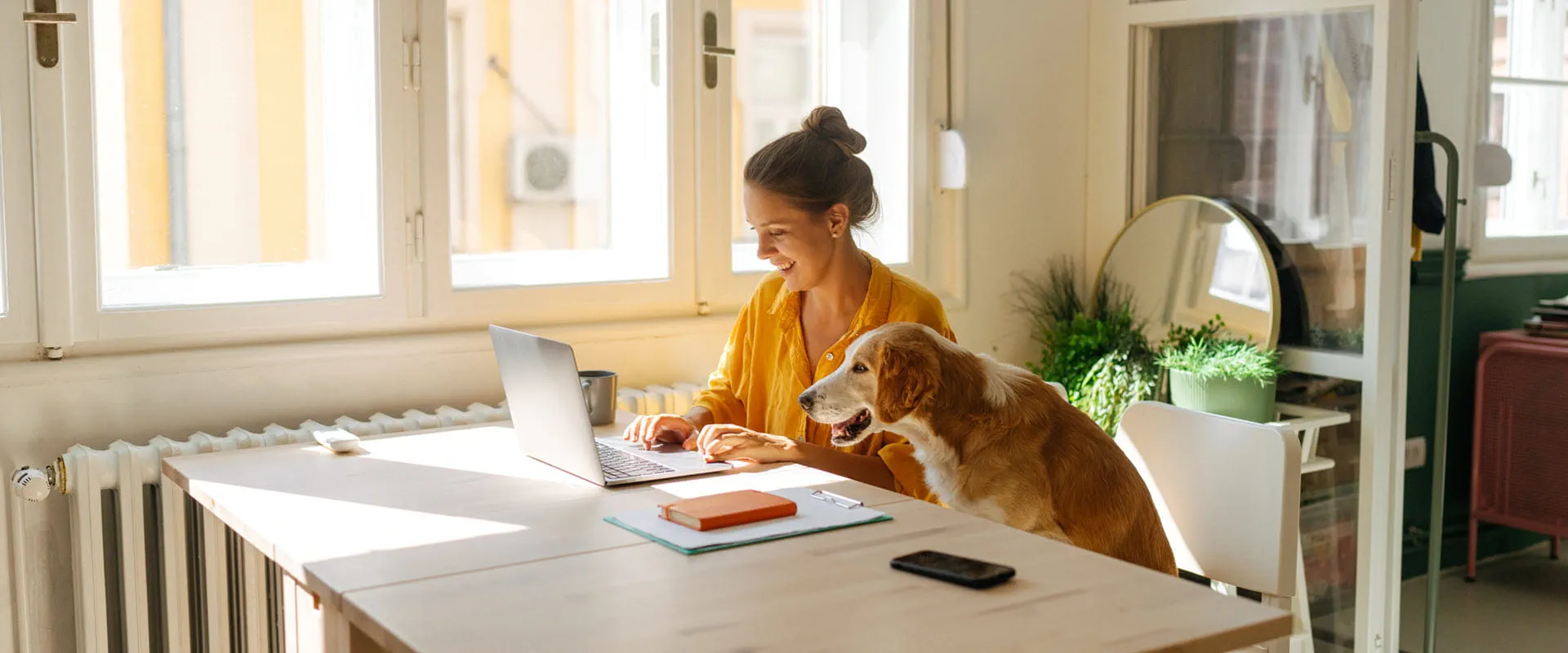 Person working from home office, looking at a laptop, with dog sitting next to them.
