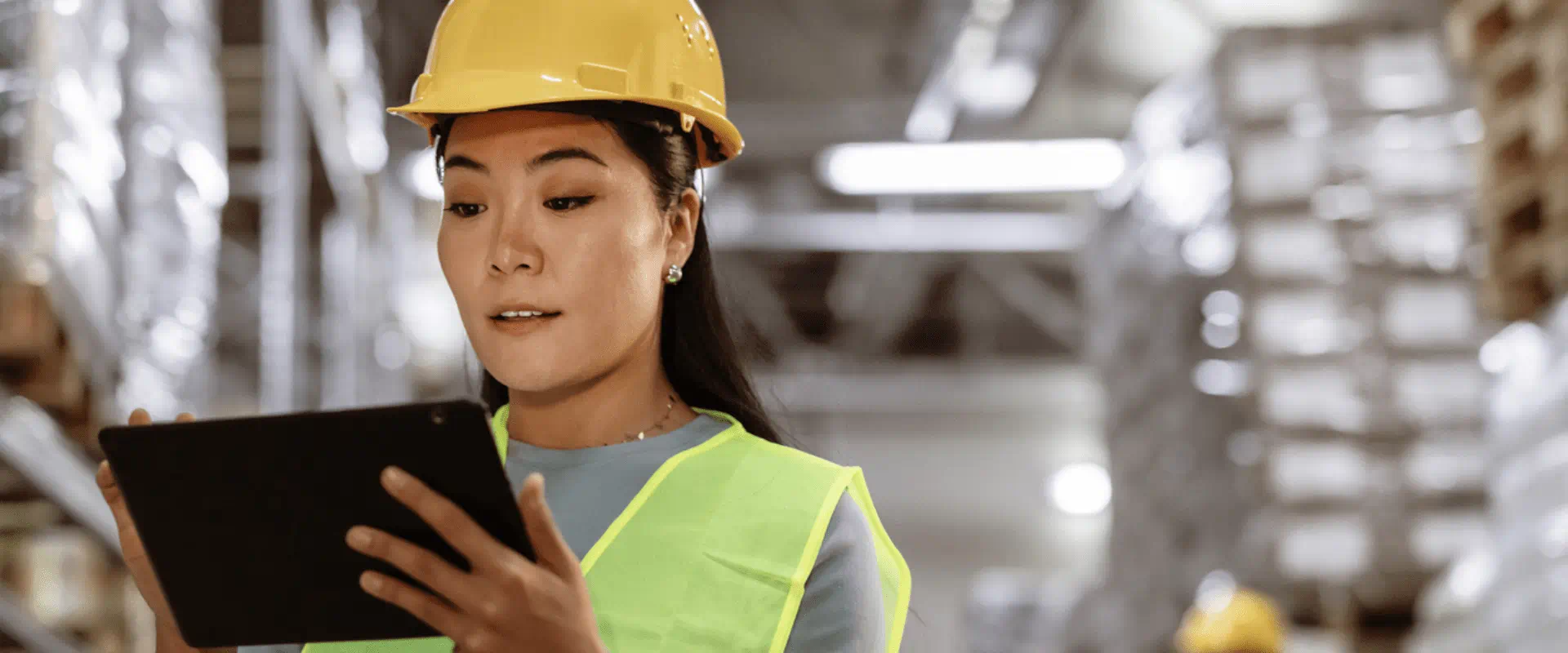 In a warehouse, a worker in a hard hat looks at a tablet