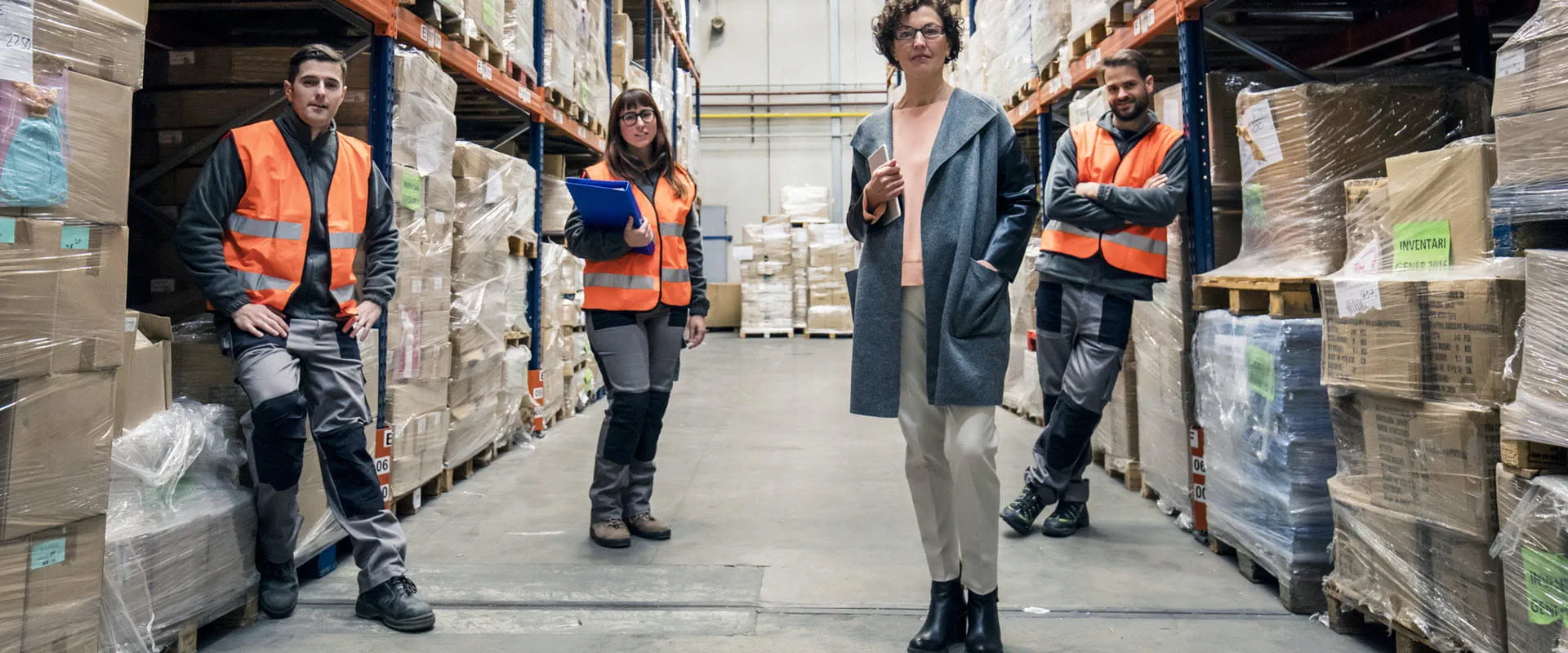 Four workers in a distribution warehouse.