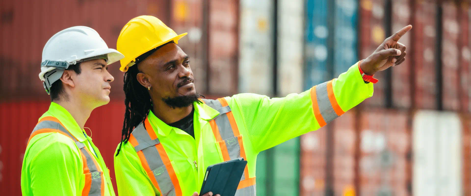 Two people in hard hats and safety vests talk in a shipping container yard.