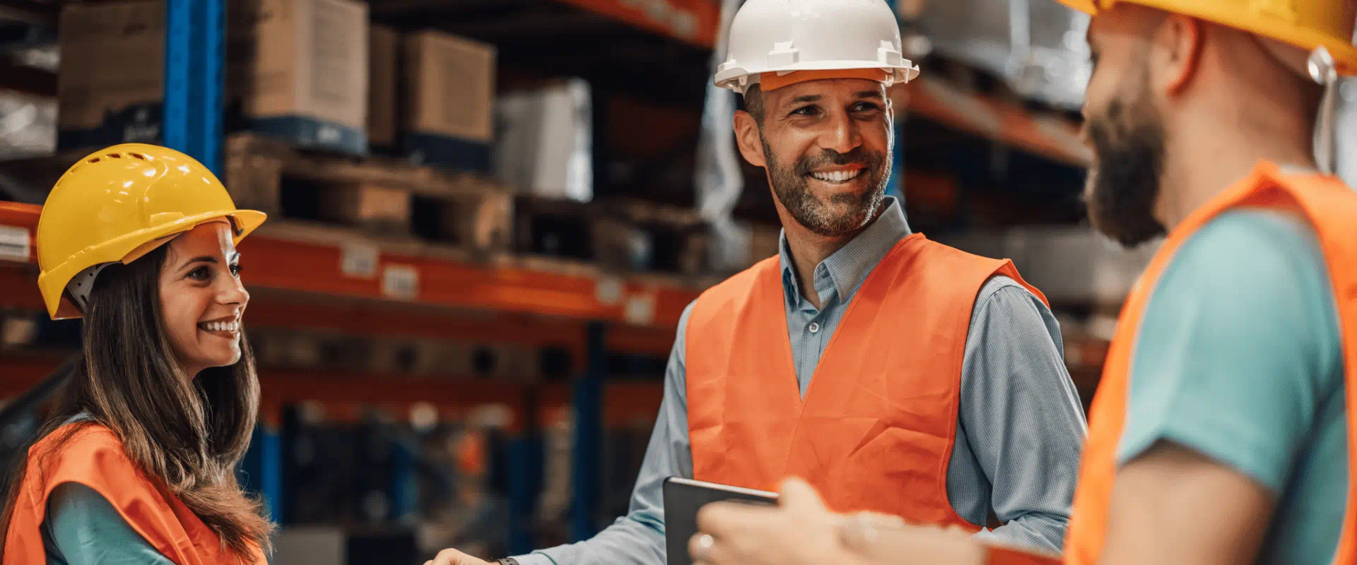 Three works in hardhats and safety vests laugh and shake hands