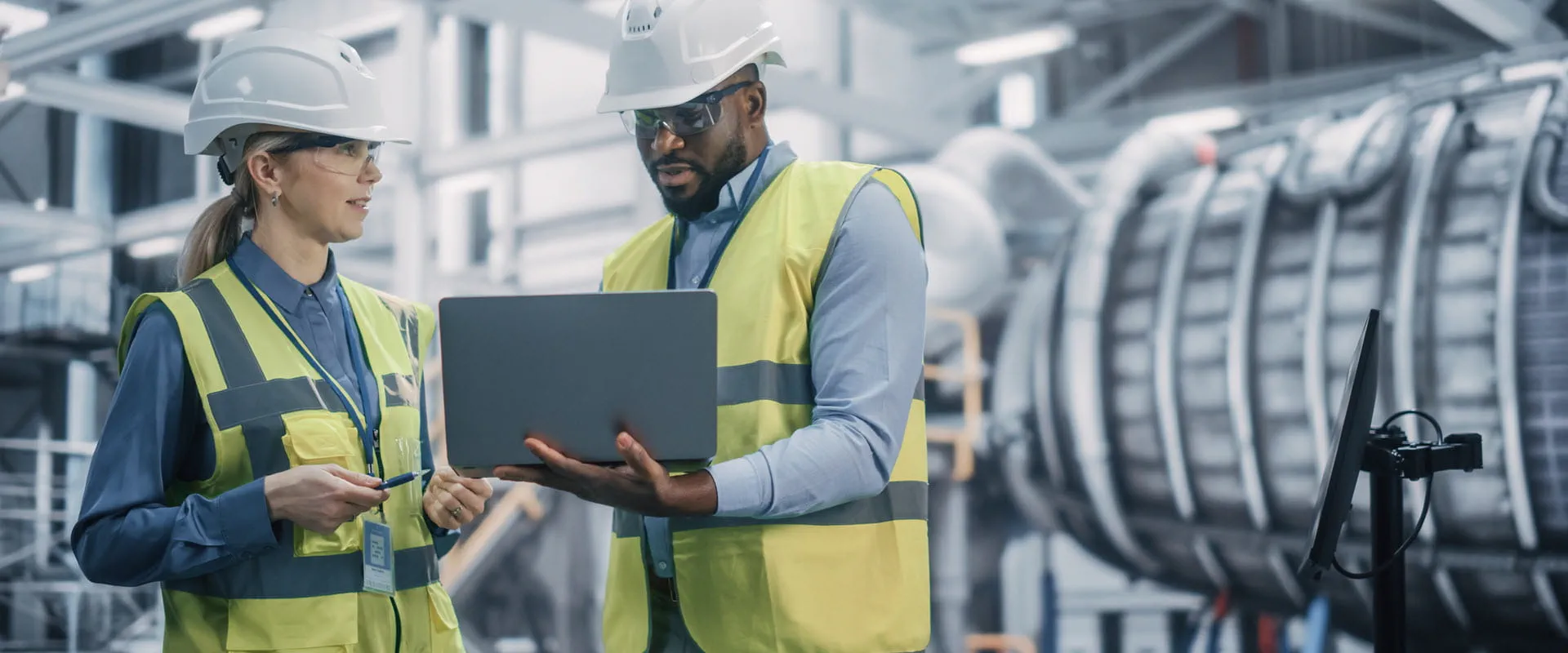 Two engineers wearing safety vests and hard hats working on laptop in an aerospace manufacturing facility.