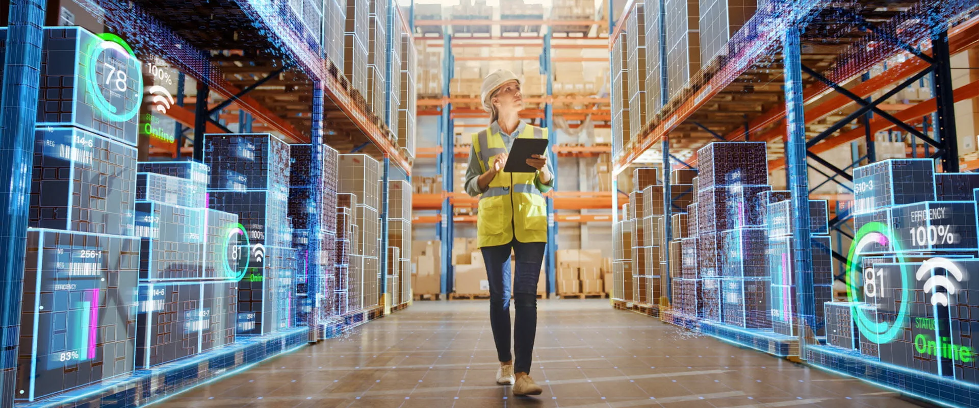 A worker in a hard hat and safety vest walks through a warehouse holding a tablet.