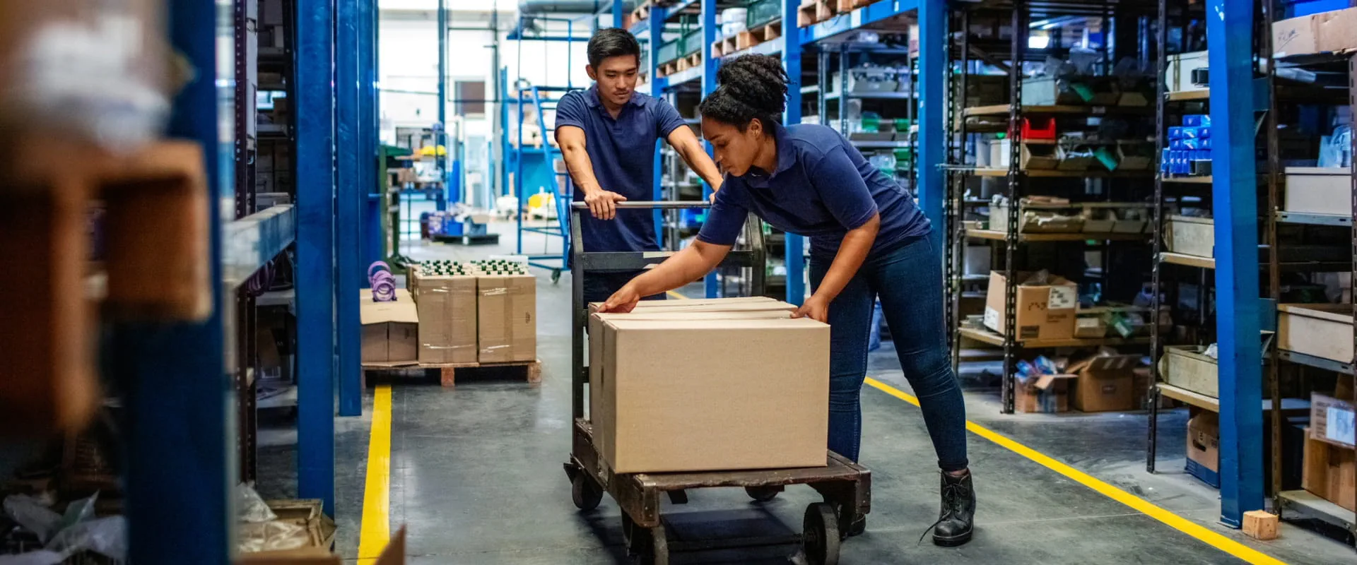 warehouse workers with box