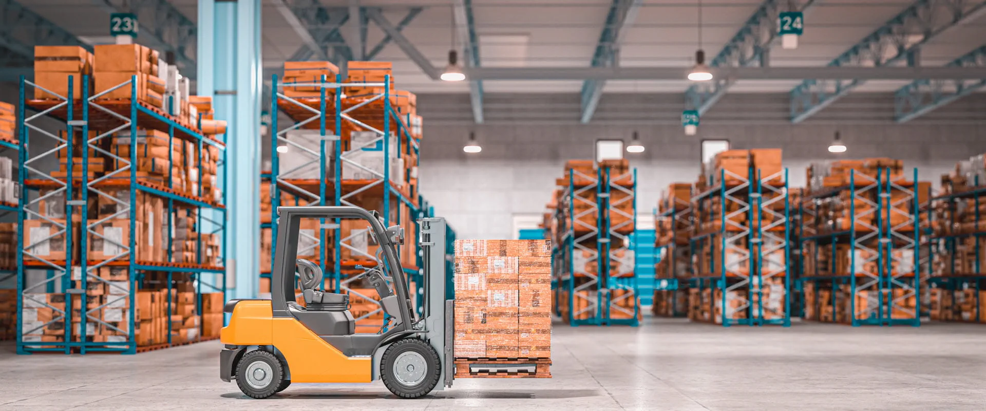 Forklift with pallets inside a warehouse.