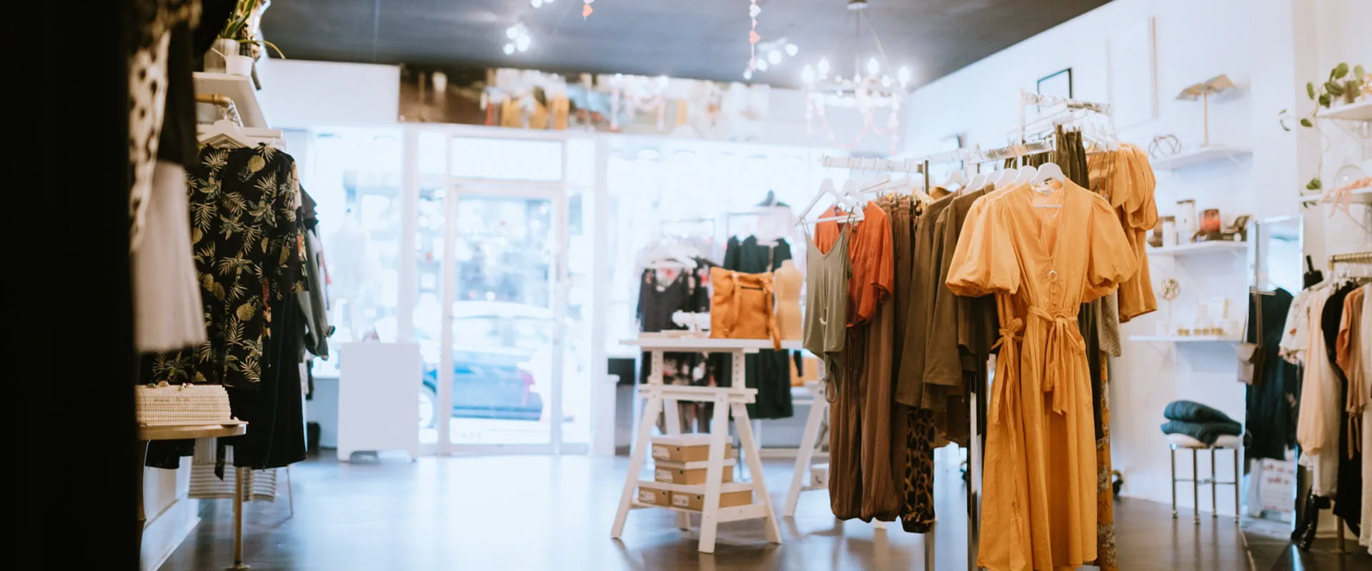 A fashionable retail clothing store, selling new fashion items.
