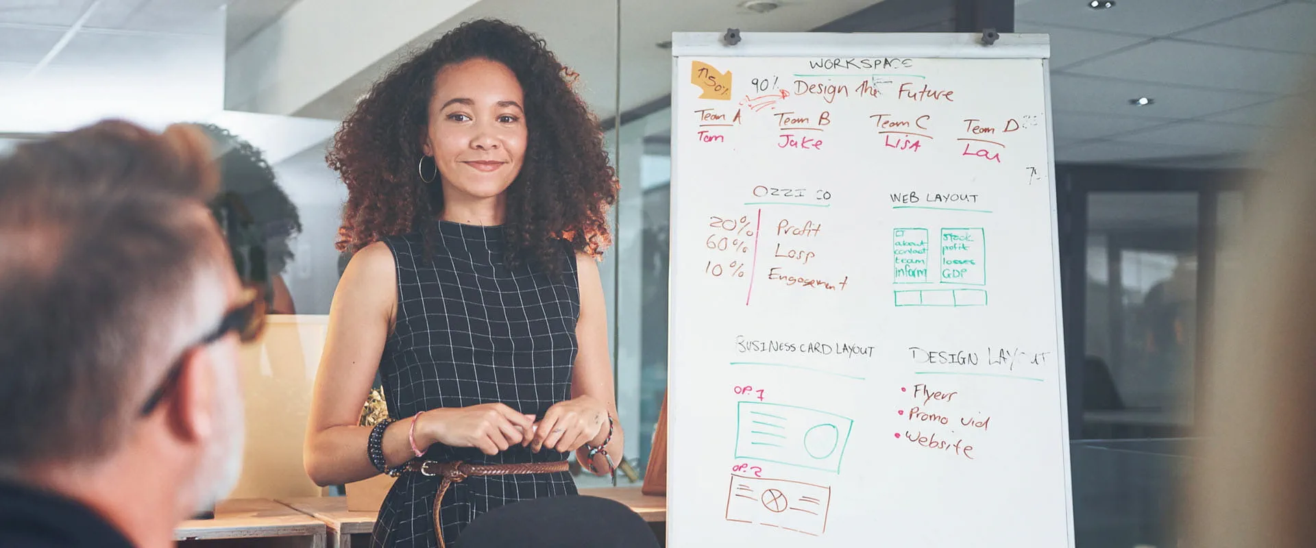 A young worker stands nervously next to a white board filled with writing.