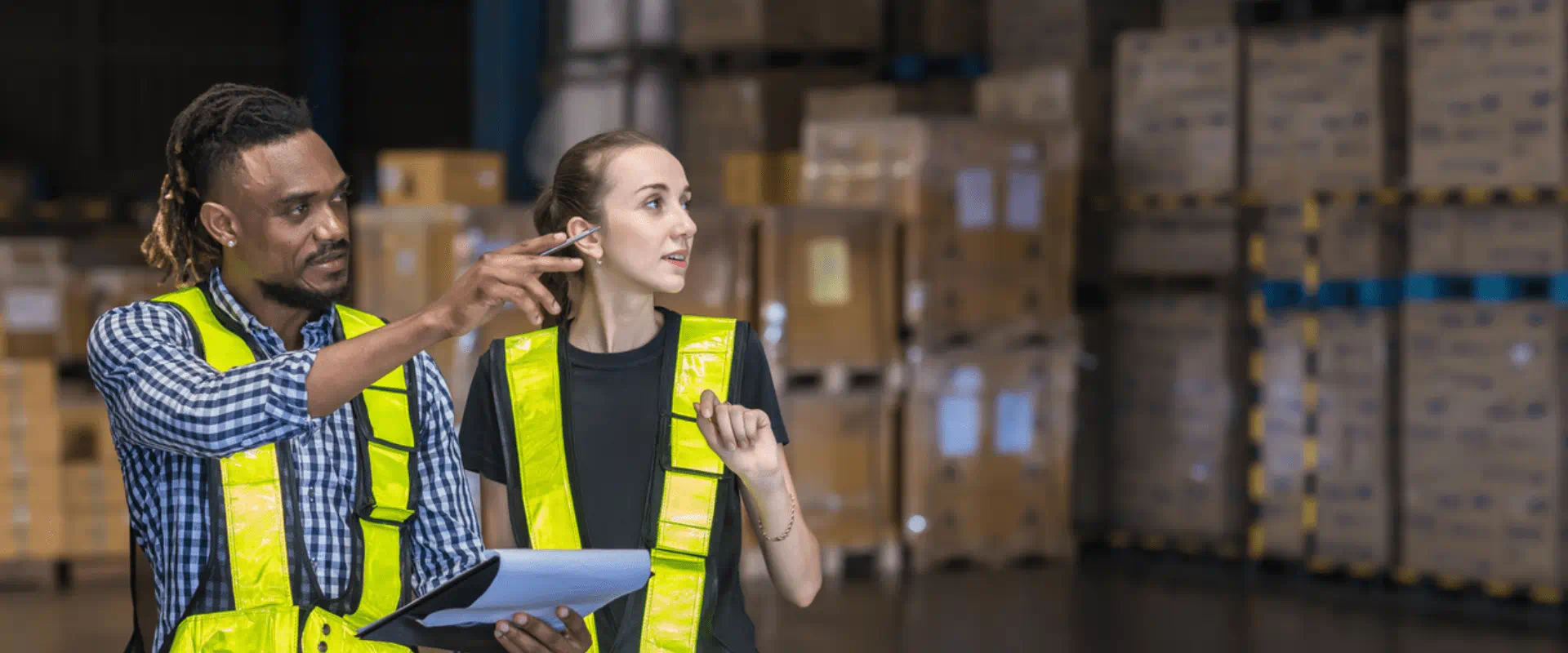 Two workers in a warehouse look at something in the distance