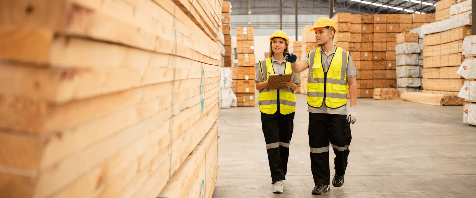 Two workers in hardhats and safety vests walk through a lumber warehouse.