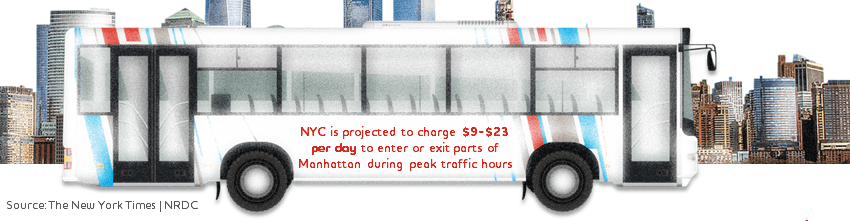 Graphic of a bus with the words: NYC is projected to charge $9-$23per day to enter or exit parts ofManhattan during peak traffic hours