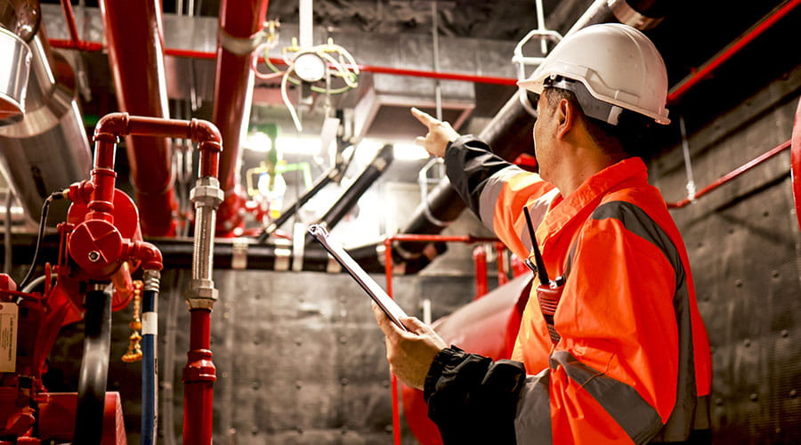 Ingegneri che esaminano i progetti all'interno di uno stabilimento industriale.