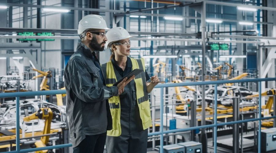 To arbeidere står på en industriplass og  fouserer. Symboliserer samarbeid.